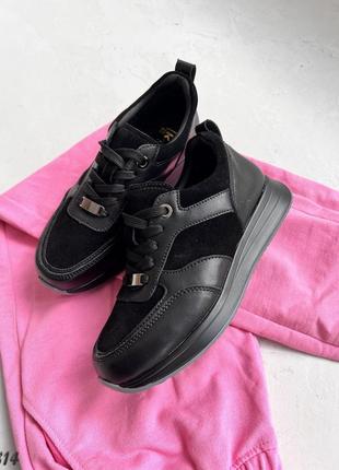 Женские кроссовки, черные, натуральная кожа/замша