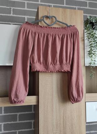 H&amp;m пудровая блузка, блуза с открытыми плечами, укороченный топ жатка