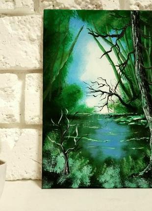 Картина пейзаж ліс озеро дерево авторський живопис акрил на полот3 фото