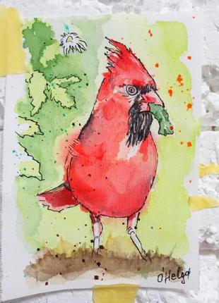 Картина аквареллю птах кардинал на бавовні мініатюрки6 фото