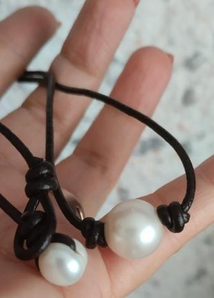 Колье чокер большая жемчужина натуральная пресноводная на кожаном шнурке