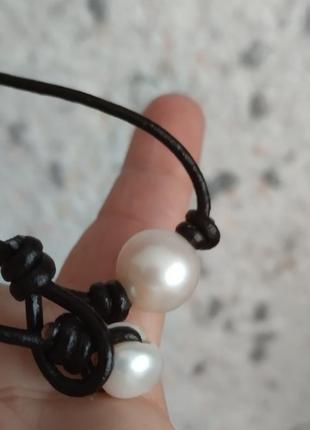Колье чокер большая жемчужина натуральная пресноводная на кожаном шнурке