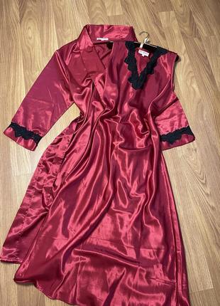 Атласный комплект набор халат пеньюар ночнушка женская красная с кружевом