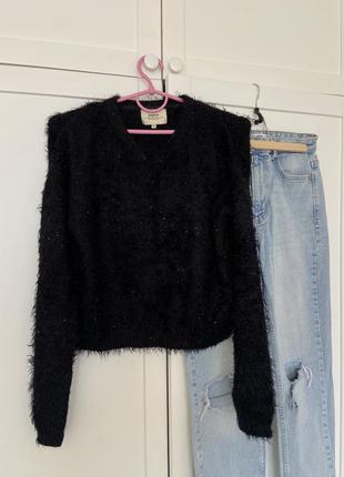 Черный свитерок травка, свитер пушистый, кофта, лонг джемпер оверсайз вязаный3 фото