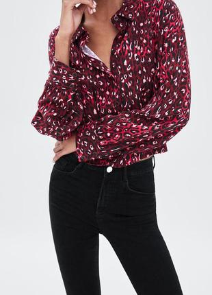 Укороченная рубашка блузка анималистический принт леопардовый с обьемными рукавами от zara