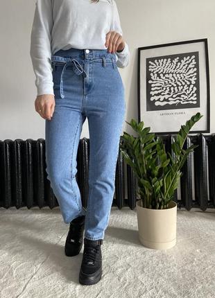 💛стильные актуальные трендовые джинсы на высокой посадочке с завязочкой на поясе в нежно голубом колорете🥰2 фото