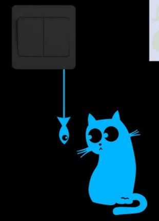 Фосфорна наклейка на вимикач кіт 10 на 15 см блакитний