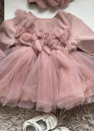 Набор на 1 год пышное платье+туфельки+повязка+2 пары колгот (розовые и капроновые белые)7 фото