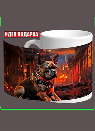 Кружка с собакой, щенок французский бульдог, киберпанк, cyberpunk