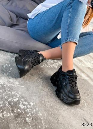 Черные кожаные резиновые текстильные комбинированные кроссовки с сеткой в сетку на толстой грубой массивной подошве платформе10 фото