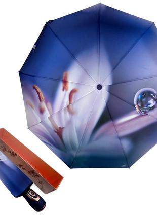 Жіноча парасолька-автомат у подарунковій упаковці на 9 спиць з квітковим принтом від frei regen, синя ручка, 09086-2