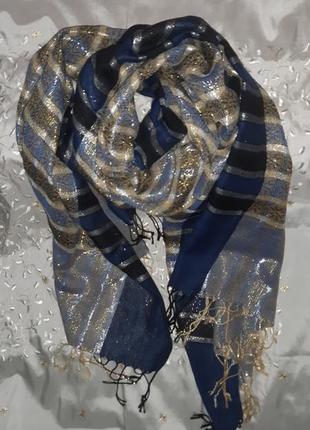 Шикарный шарф шаль золотое серебро сапфир2 фото