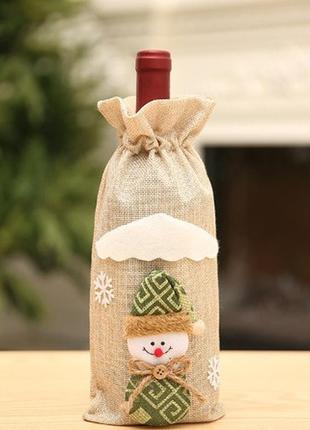 Чехол на бутылку новогодний снеговик, разноцветный - размер 30*13см, текстиль