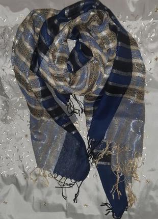 Шикарный шарф шаль палантин, золото-серебро-сапфир