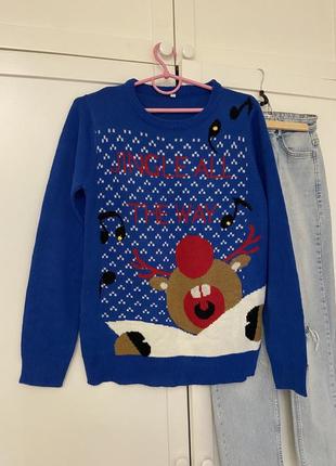 Вязаный свитер новогодним принтом,рисунком олень с колокольчиками кофта новый год,вязаная тёплая,свитерок оверсайз новогодний,гном,олень,праздничный