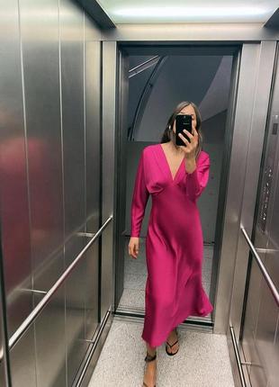 Сатиновое платье миди с рукавами zara 2298/067
