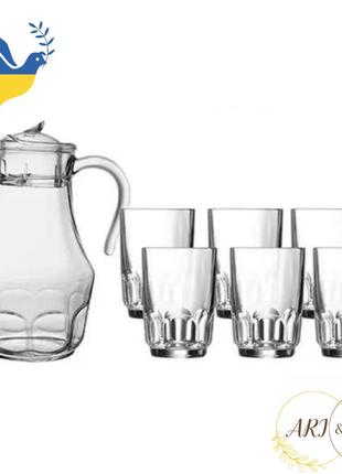 Скляний глечик 1800мл з кришкою та склянками 6шт 270мл, графін для води, кувшин соку та холодного чаю, молока та кави. daymart