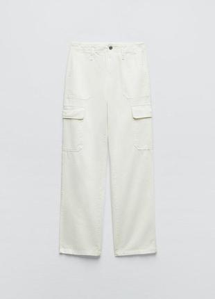 Белые джинсы карго от zara, трендовые брюки карго молочные