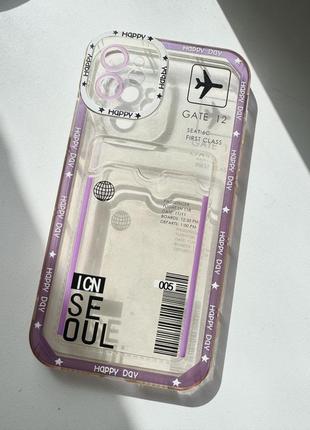 Силиконовый прозрачный чехол на айфон 11 розовый с карманом для карты отделом тревел
