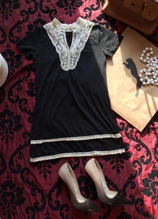 Стильное платье, романтично. туника черное с кружевом белым