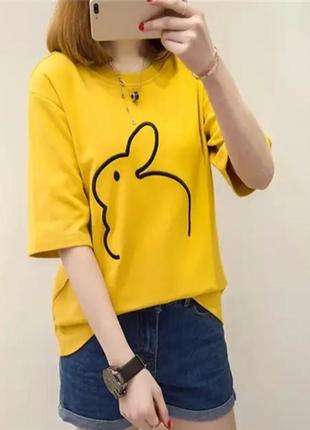 Женская футболка с коротким рукавом, универсальная свободная футболка с вышивкой в виде кролика, корейская мода на лето,