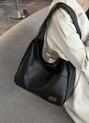 Тренд стильна велика чорна жіноча сумка шопер на плече екошкіра5 фото