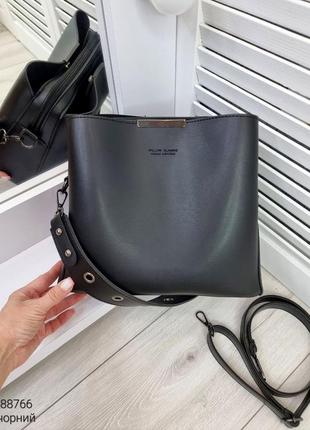 Женская стильная и качественная сумка из эко кожи на 3 отдела черная5 фото