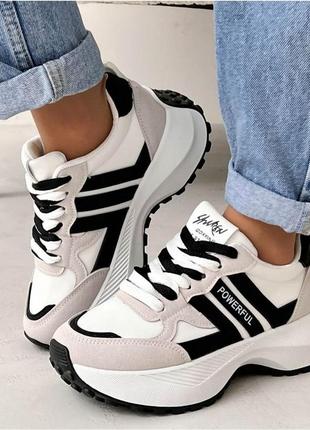 Кроссовки женские черно-бежевые эко кожа демиссион