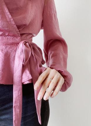 Атласна сатинова рожева блуза на запах на затин topshop7 фото