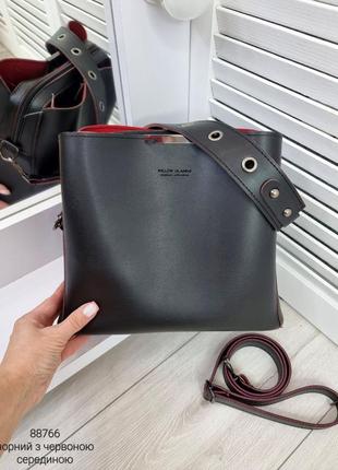 Женская стильная и качественная сумка из эко кожи на 3 отдела черная с красным5 фото