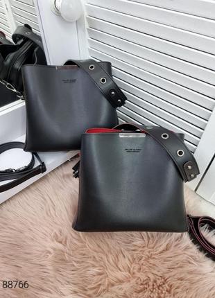 Женская стильная и качественная сумка из эко кожи на 3 отдела черная8 фото