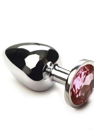 Великий сріблястий анальний затор silver pink topaz, l з рожевим кристалом
