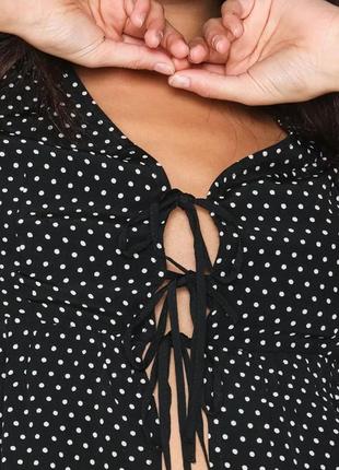 Блуза на завязках topshop черная в горошек вискозная с длинным рукавом4 фото