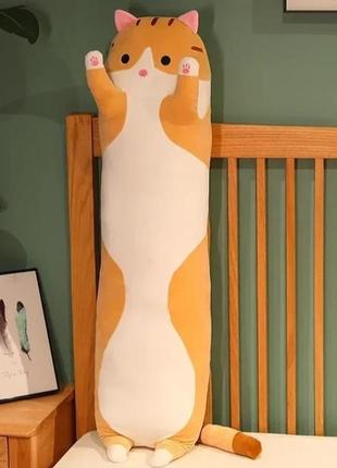 Якісна плюшева іграшка дитяча кіт-батон 50 см рудий, іграшка подушка довгий кіт