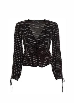 Блуза на завязках topshop черная в горошек вискозная с длинным рукавом