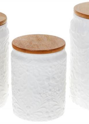 Банка ceram-bamboo для сипучих продуктів 1.1л, біла матова кераміка з бамбуковою кришкою3 фото