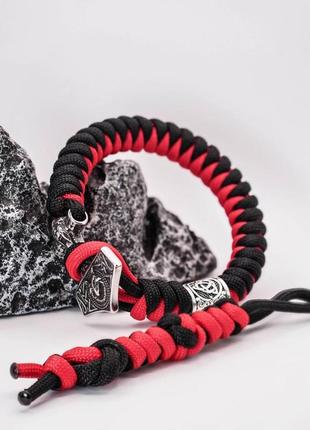 Браслет з паракорду big snake knot зі скандинавською намистиною на молоті тора, в подарунок брелок2 фото