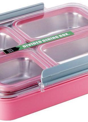 Ланч-бокс kamille snack 1800мл daymart  на 4 секції, пластик і нержавіюча сталь, рожевий2 фото