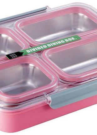 Ланч-бокс kamille snack 1800мл daymart  на 4 секції, пластик і нержавіюча сталь, рожевий1 фото