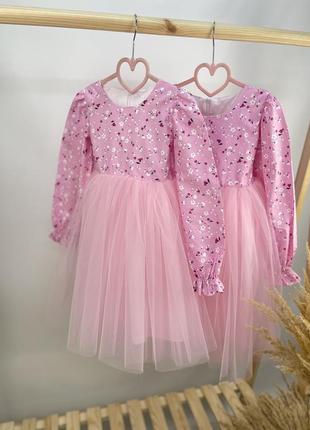 Сукня з рожевим фатіном квітковий принт5 фото