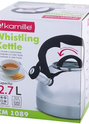 Чайник kamille whistling kettle 2.7л з нержавіючої сталі зі свистком і скляною кришкою (чорна ручка)7 фото