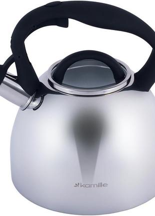 Чайник kamille whistling kettle 2.7л з нержавіючої сталі зі свистком і скляною кришкою (чорна ручка)2 фото