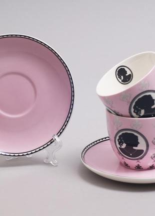 Чайний сервіз "силует" 6 рожевих чашок 280мл 7trav  з блюдцями