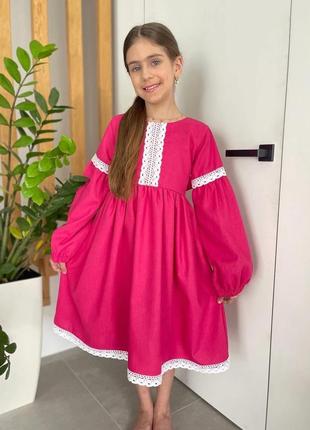 Платье из льна с кружевом для девочек нежное платье