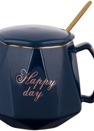Кухоль порцеляновий coffee prelude "happy day" 420мл 7trav  з кришкою і ложкою, синя