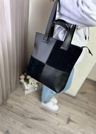 Большая женская сумка шопер формат а-4 с замшевыми вставками черная8 фото