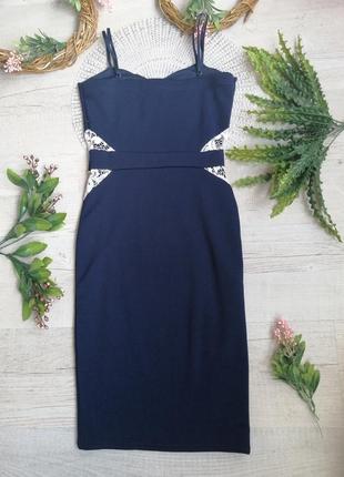 Платье деловое синее с кружевом тонкие бретели миди3 фото