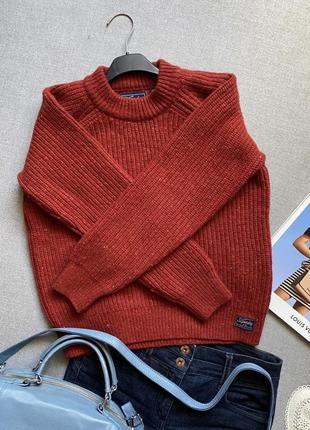 Теплый шерстяной свитер унисекс superdry меланжевый красный бордовый терракотовый, джемпер, кофта,3 фото