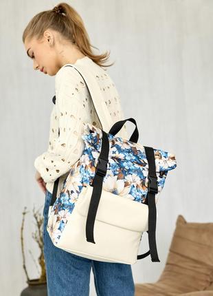 Рюкзак ролл sambag унисекс rolltop milton черный с принтом "blue flowers"2 фото