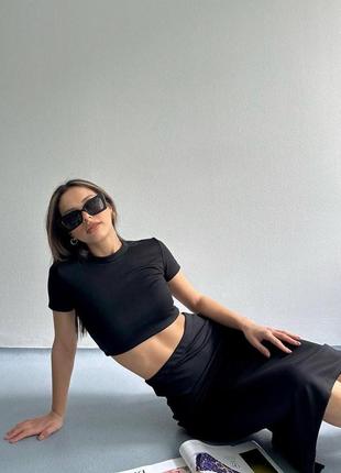 Костюм женский однотонный топ юбка миди на высокой посадке качественный стильный черный2 фото